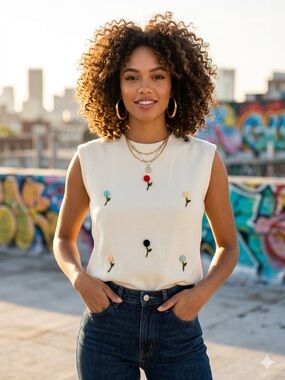 Vintage 60s Sophisticates San Francisco Embroidered Pom Pom Flower Top Knit M